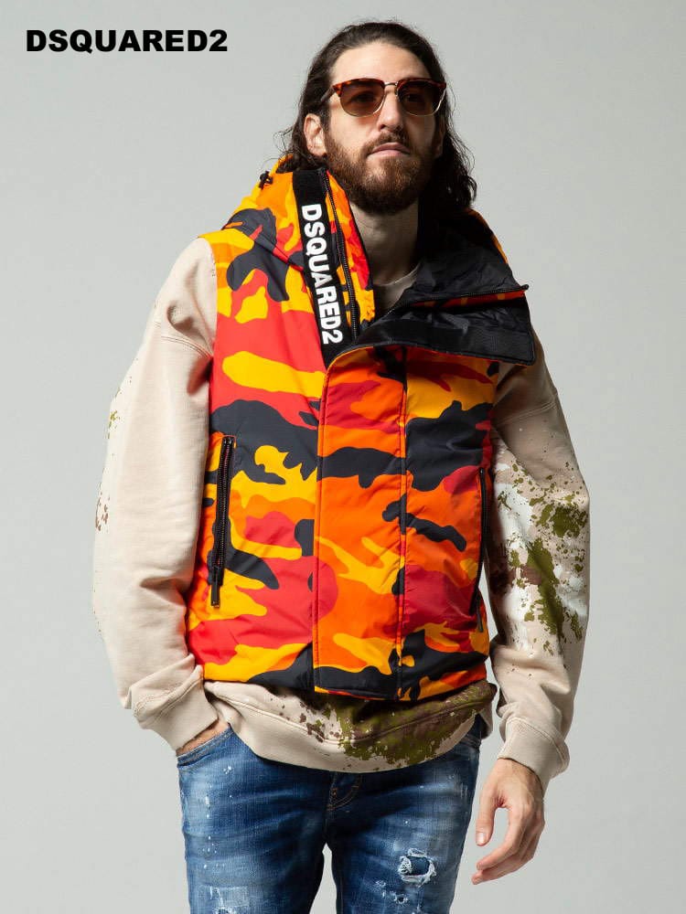 DSQUARED2 ディースクエアード フード 迷彩 ダウンベスト ブランド メンズ アウター ベスト ダウン カモフラ D2FB0412S54279