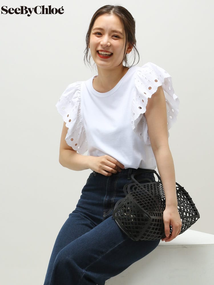 SEE BY CHLOE (シーバイ クロエ) 袖刺繍フリル クルーネック Tシャツ SCCHS22SJH24081 レディース