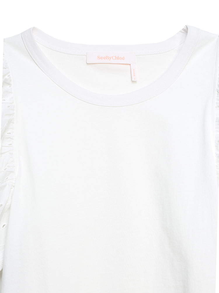 SEE BY CHLOE (シーバイ クロエ) 袖刺繍フリル クルーネック Tシャツ 