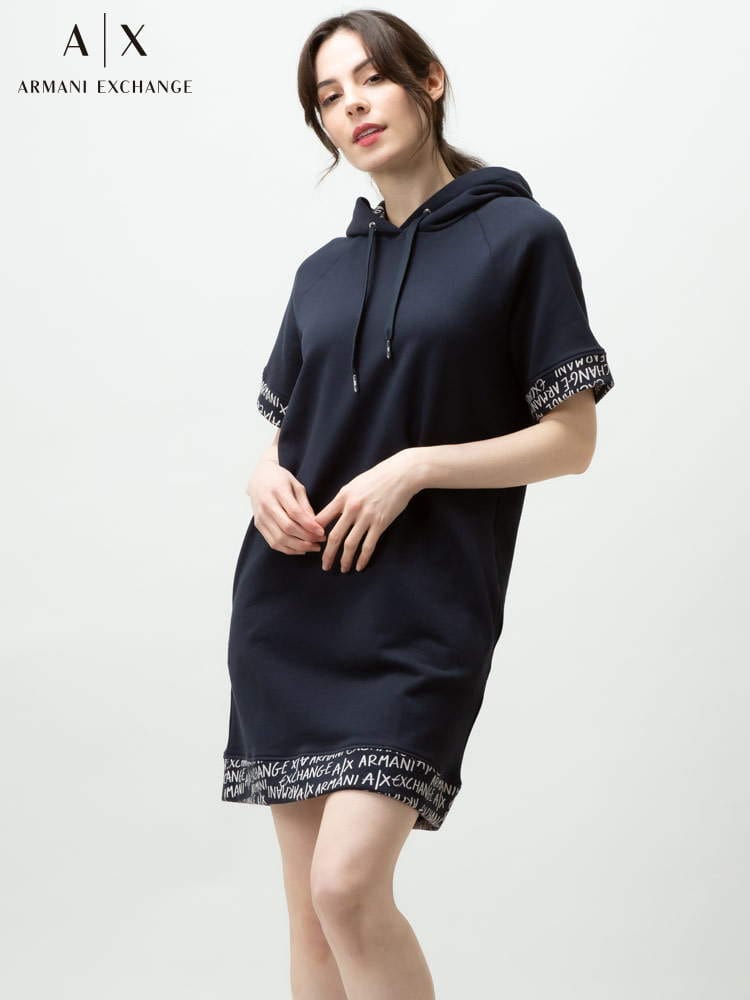 【オンラインストア限定】 ARMANI EXCHANGE アルマーニ エクスチェンジ レディース ワンピース 裾ロゴ フード 半袖 ロング プルオーバー パーカー AEL3LYA98YJ5XZ ロゴ