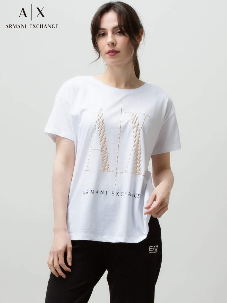 【オンラインストア限定】 ARMANI EXCHANGE アルマーニ エクスチェンジ スタッズ クルーネック 半袖 Tシャツ AEL8NYTDXYJG3Z レディース ロゴ