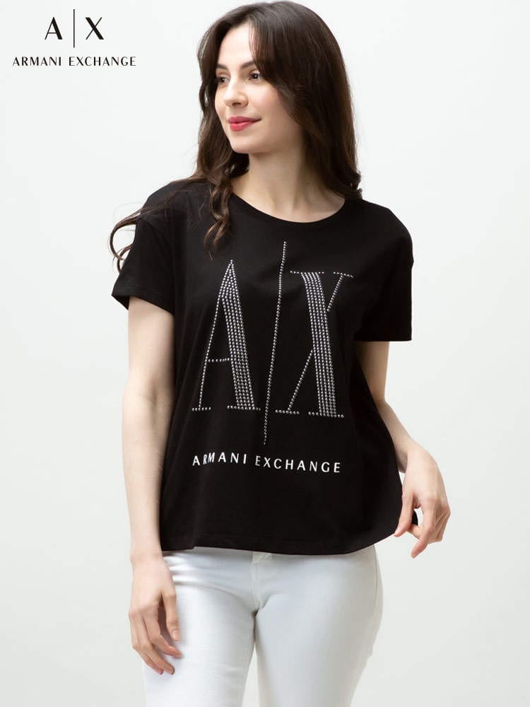 【オンラインストア限定】 ARMANI EXCHANGE アルマーニ エクスチェンジ スタッズ クルーネック 半袖 Tシャツ AEL8NYTDXYJG3Z レディース ロゴ