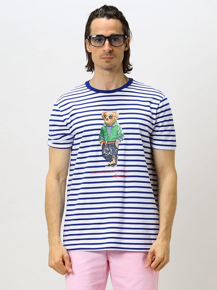 POLO RALPH LAUREN (ポロ ラルフ ローレン) BEARプリント ストライプ クルーネック 半袖 Tシャツ RL710863010ST 22fd IP ブランド