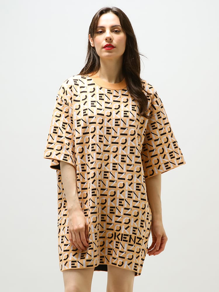 KENZO (ケンゾー) ロゴ ニット 半袖 ワンピース ロング丈 Tシャツ MONOGRAM DRESS KZLFC52RO6373SA レディース ロゴ