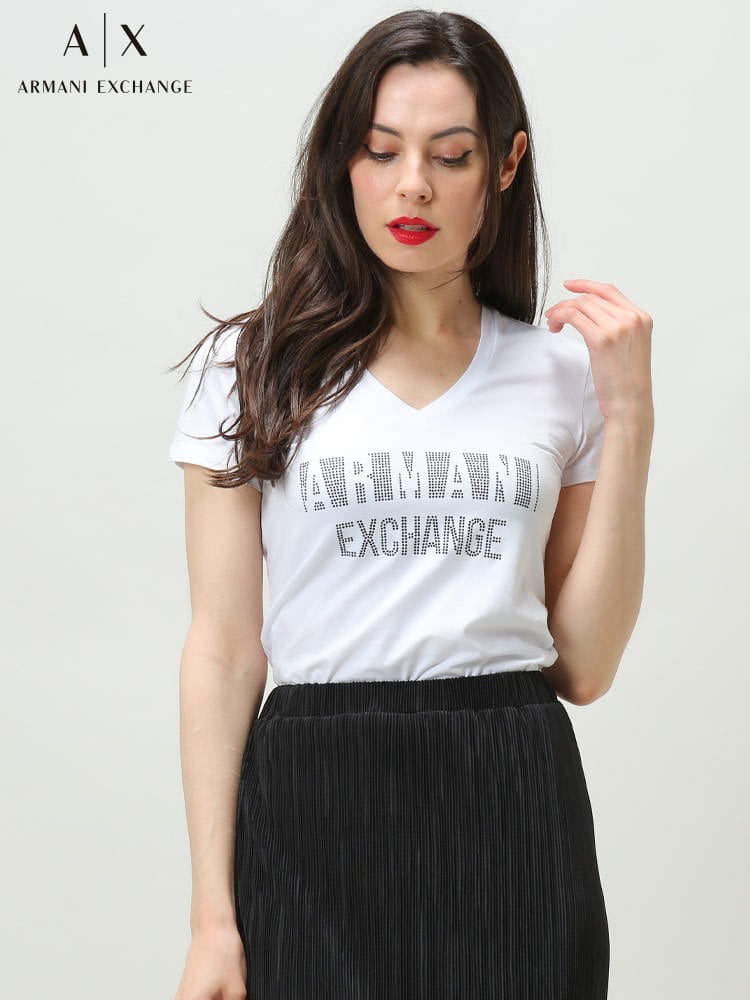【オンラインストア限定】 ARMANI EXCHANGE アルマーニ エクスチェンジ レディース 半袖 Tシャツ スタッズ ロゴ Vネック ストレッチ AEL8NYT90Y8C7Z
