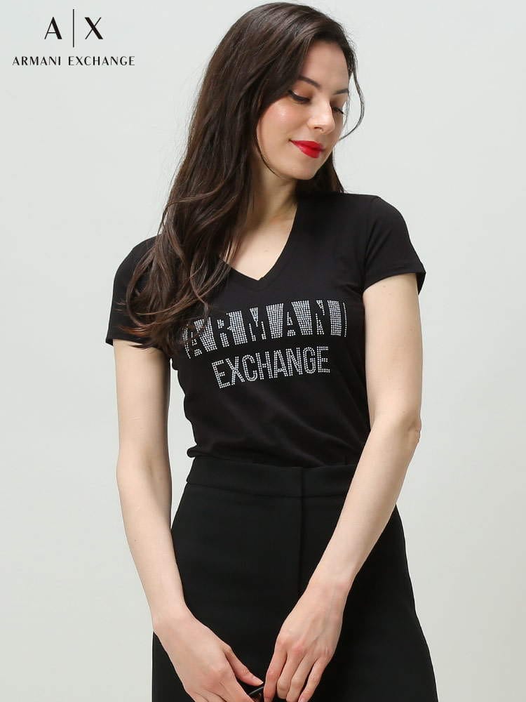 【オンラインストア限定】 ARMANI EXCHANGE アルマーニ エクスチェンジ レディース 半袖 Tシャツ スタッズ ロゴ Vネック ストレッチ AEL8NYT90Y8C7Z