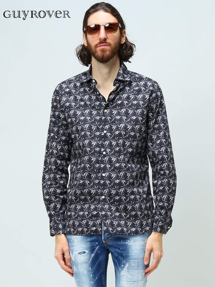 ギローバー メンズ シャツ GUY ROVER ブランド トップス 長袖シャツ 柄シャツ 総柄 長袖 コットン 綿 綿100％ 黒 クロ 大きいサイズ GRV2670L521265