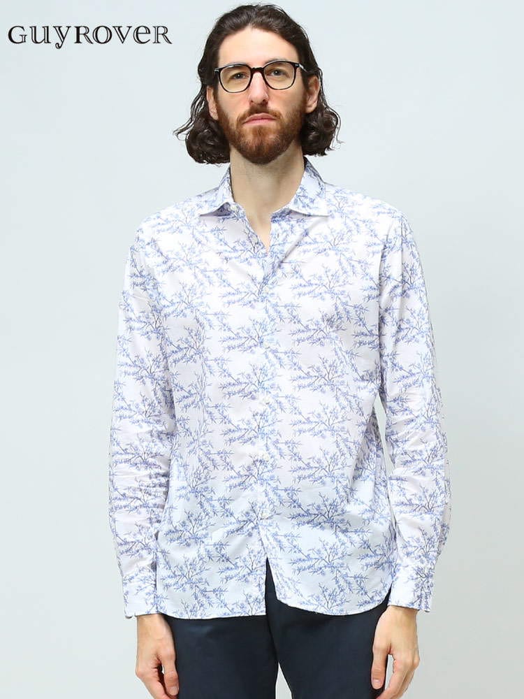 ギローバー メンズ シャツ GUY ROVER ブランド トップス 長袖シャツ 柄シャツ 総柄 長袖 コットン 綿 綿100％ 白 シロ 大きいサイズ GR2670L521264