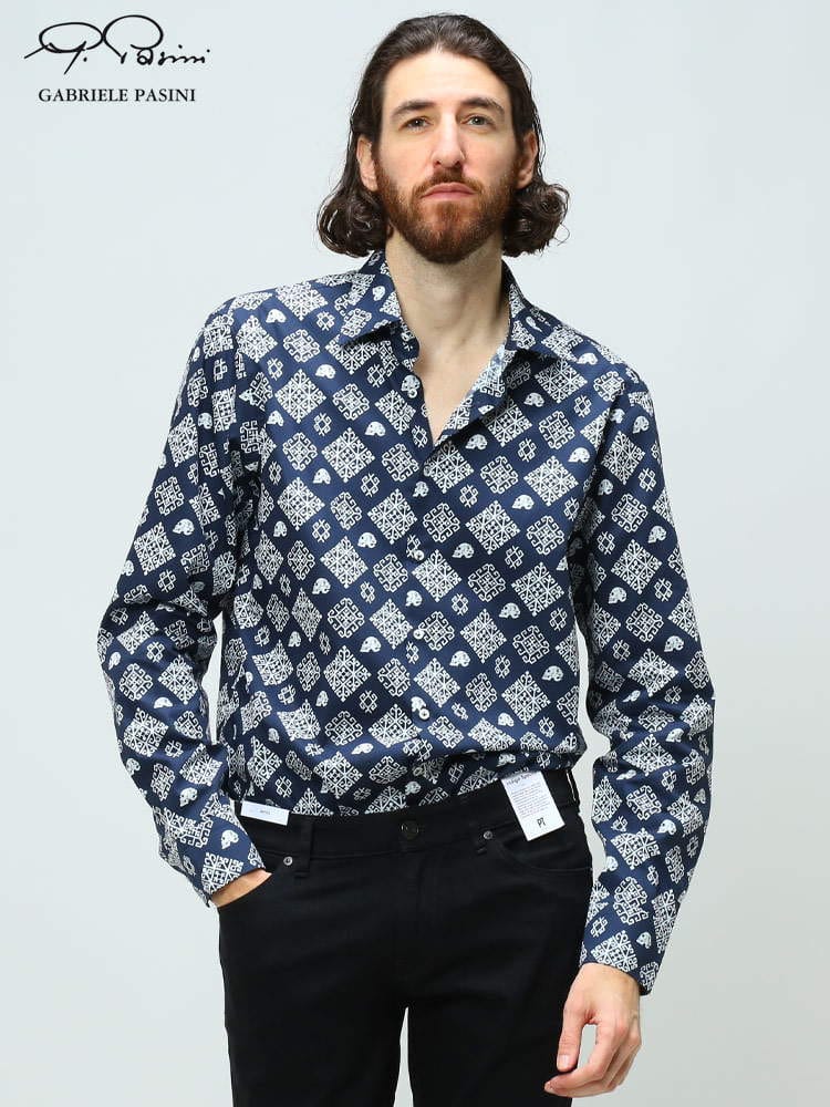 ガブリエレ パジーニ メンズ シャツ Gabriele Pasini ブランド トップス 長袖シャツ 長袖 柄シャツ スカル 総柄 プリント コットン 綿 綿100％ ネイビー 紺 大きいサイズ GP2102860923