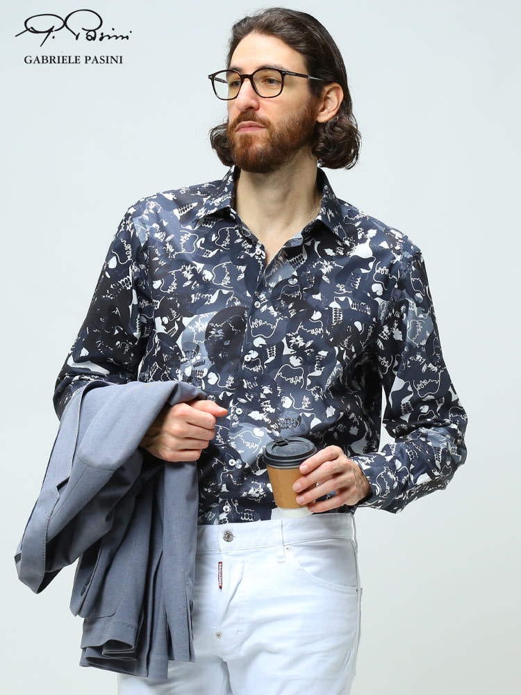 ガブリエレ パジーニ メンズ シャツ Gabriele Pasini ブランド トップス 長袖シャツ 長袖 柄シャツ 総柄 プリント コットン 綿 綿100％ ネイビー 紺 大きいサイズ GP2102860921