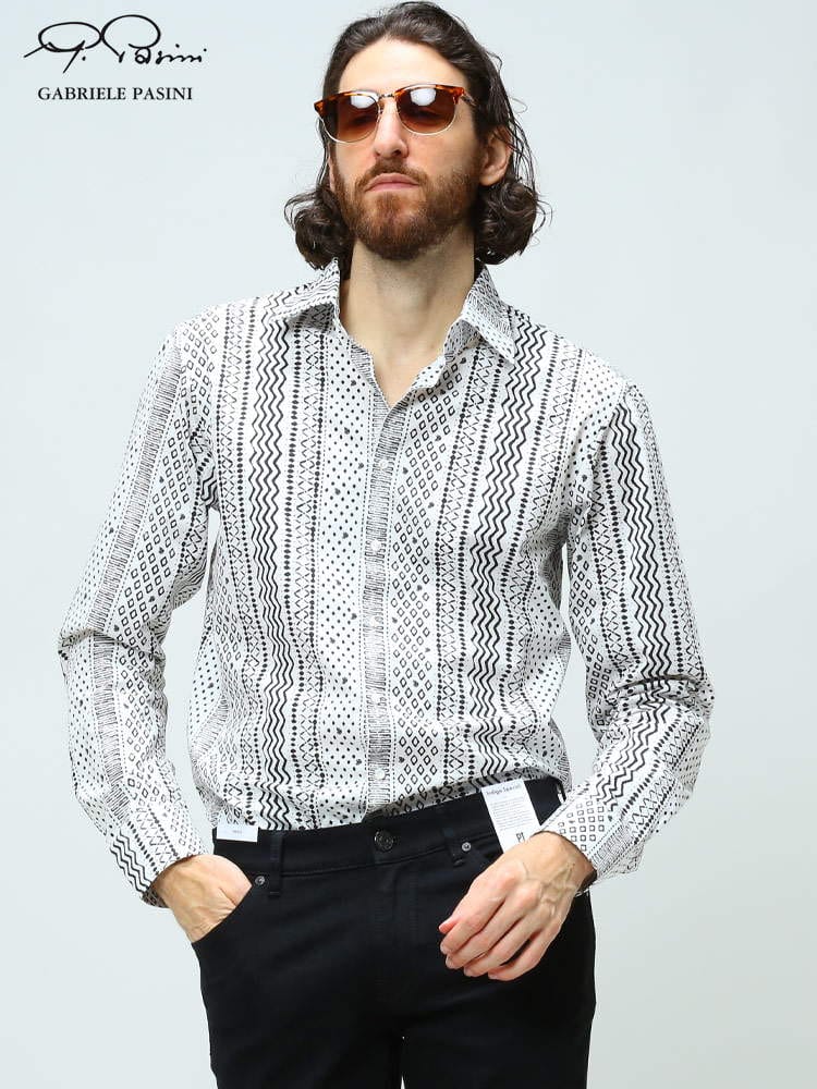 ガブリエレ パジーニ メンズ シャツ Gabriele Pasini ブランド トップス 長袖シャツ 長袖 柄シャツ 総柄 プリント コットン 綿 綿100％ 白 シロ 大きいサイズ GP2102960922