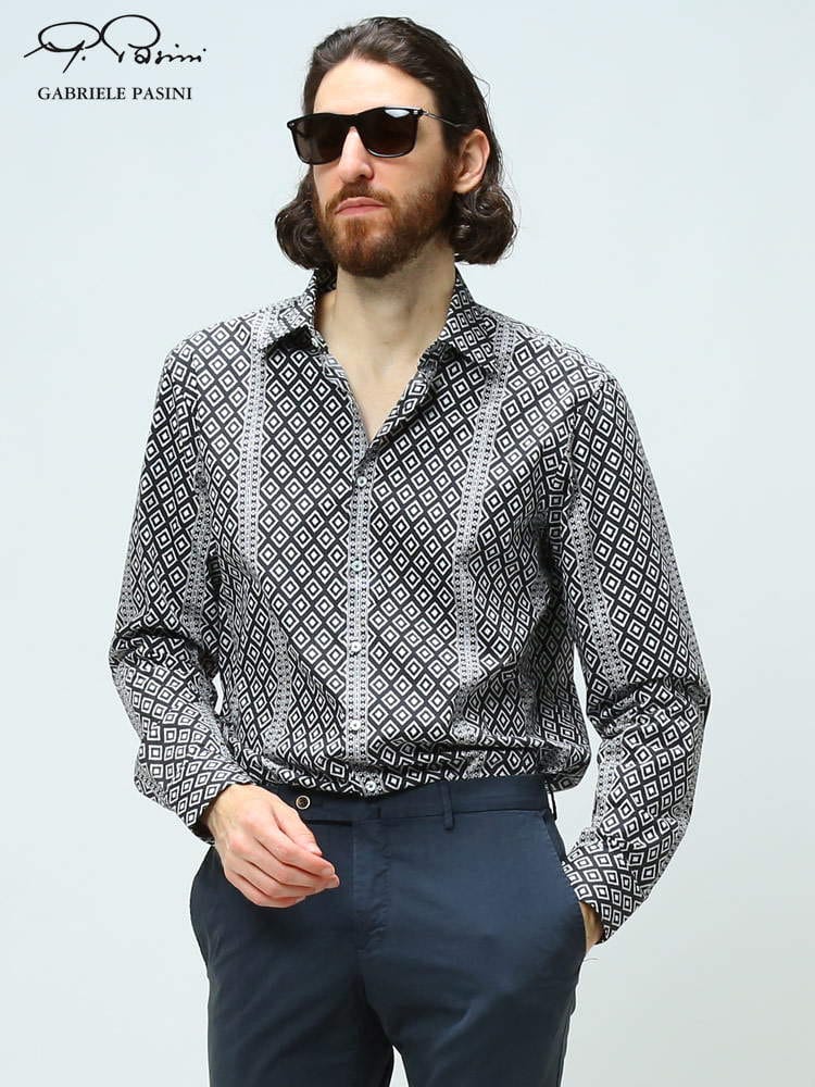 ガブリエレ パジーニ メンズ シャツ Gabriele Pasini ブランド トップス 長袖シャツ 長袖 柄シャツ 総柄 プリント コットン 綿 綿100％ 黒 クロ 大きいサイズ GP2102960923