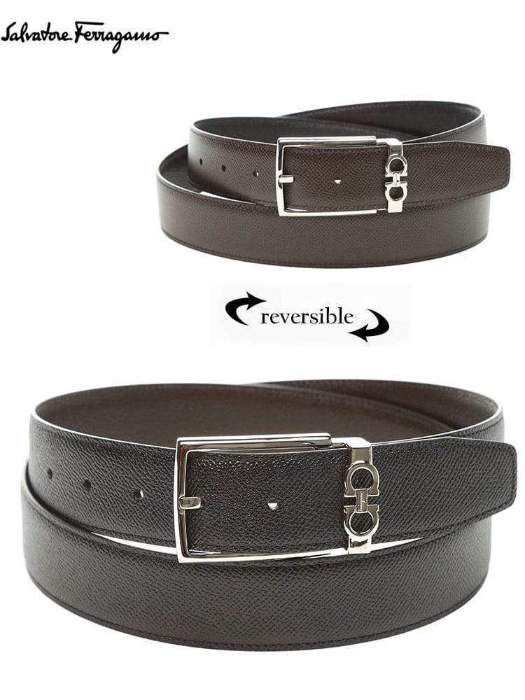 フェラガモ メンズ ベルト サルヴァトーレフェラガモ Salvatore Ferragamo ブランドベルト リバーシブル ダブルガンチーニ スクエアバックル レザー 本革 黒 クロ 茶色 ブラウン 大きいサイズ FG67A037708206