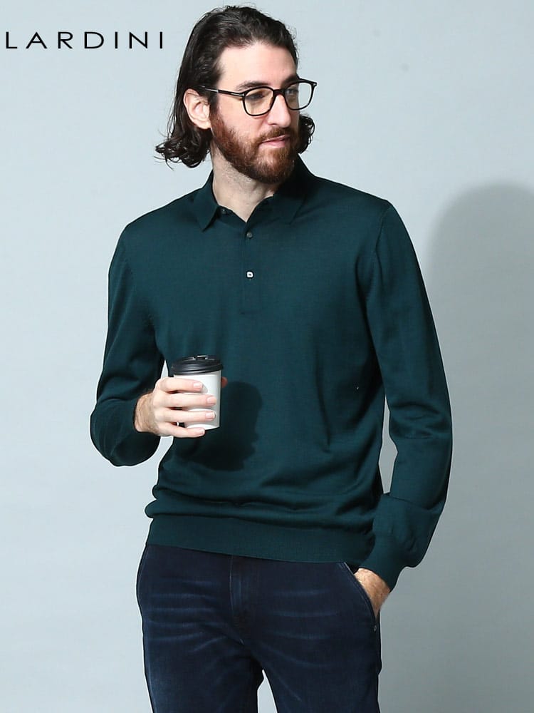 LARDINI (ラルディーニ) 無地 長袖 ニット ポロシャツ LDLPML3869020