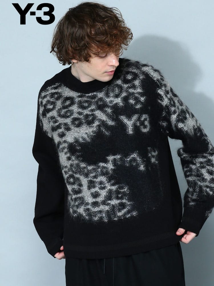 ワイスリー メンズ ニット Y-3 ブランド セーター トップス プルオーバー モヘヤ クルーネック ロゴ LEOPARD KNIT CREW SWEATER リラックスフィット Y3HN1977