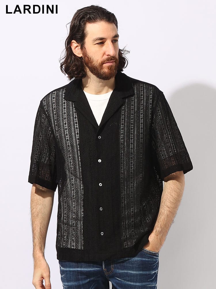 LARDINI (ラルディーニ) 総レース フルボタン オープンカラー 半袖 シャツ LDBRODYSC1825