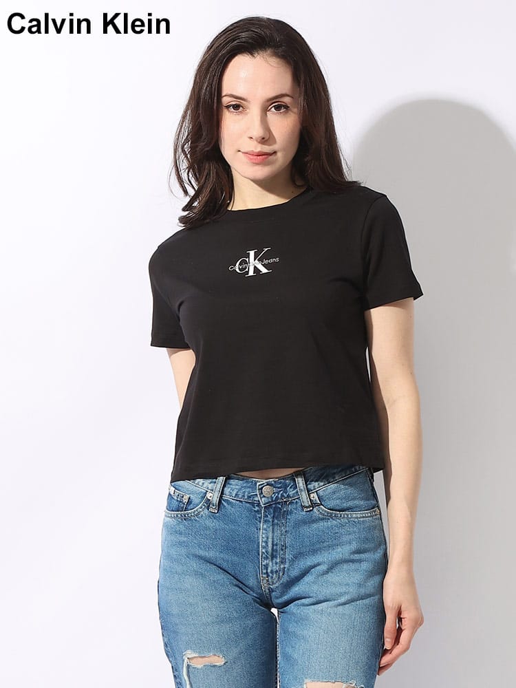 Calvin Klein (カルバンクライン) センターロゴ クルーネック ショート丈 半袖 Tシャツ レディース