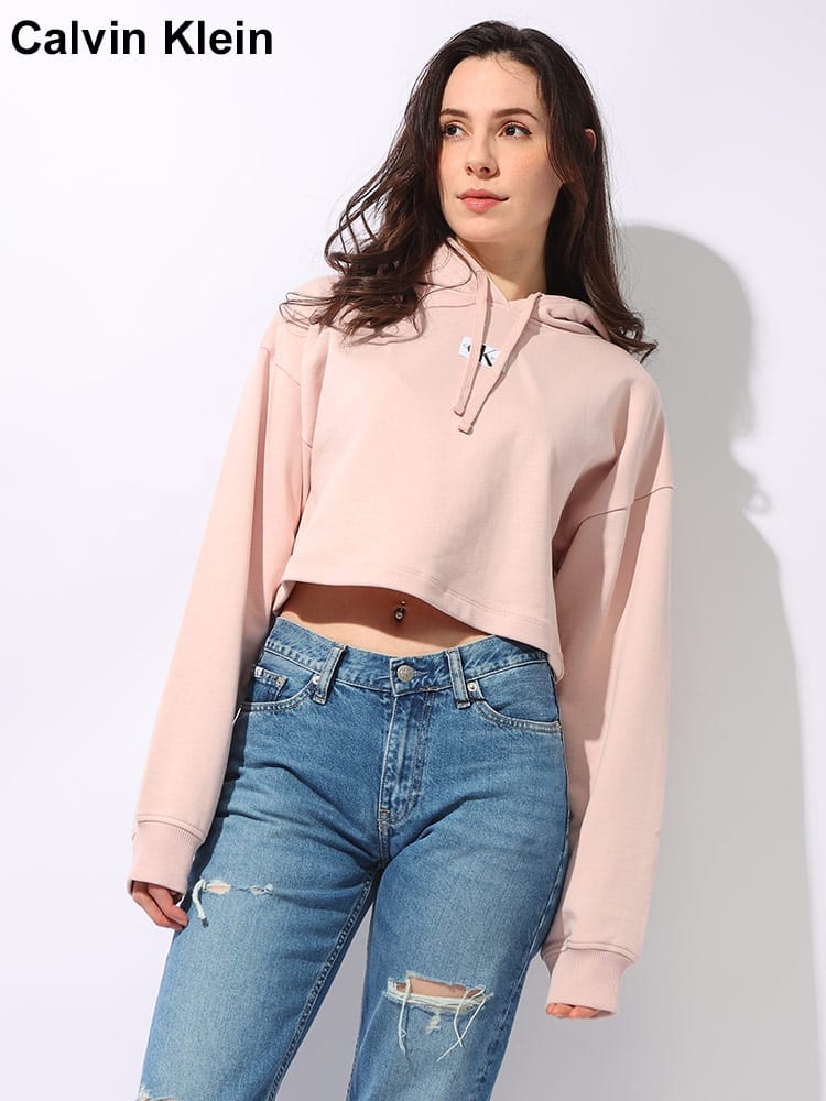 Calvin Klein (カルバンクライン) 裏毛 ロゴ ショート丈 プルオーバー パーカー レディース スウェット