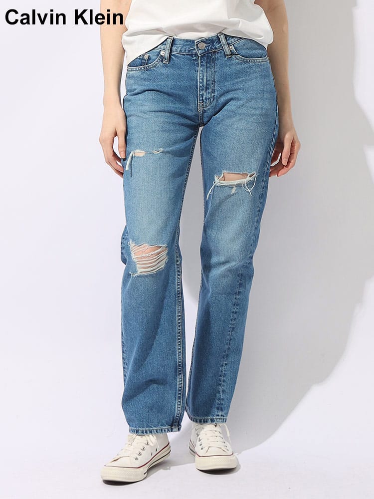 Calvin Klein (カルバンクライン) ダメージ加工 ジップフライ ローライズストレート ジーンズ レディース
