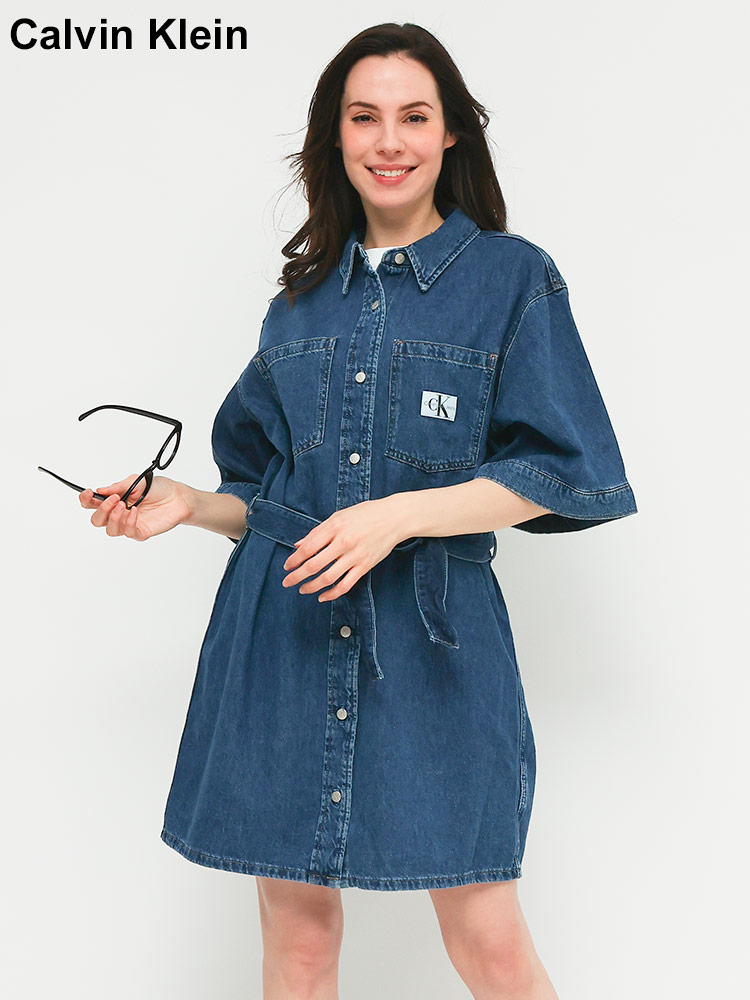 Calvin Klein (カルバンクライン) ビッグポケット フルボタン 半袖 デニムシャツ ワンピース