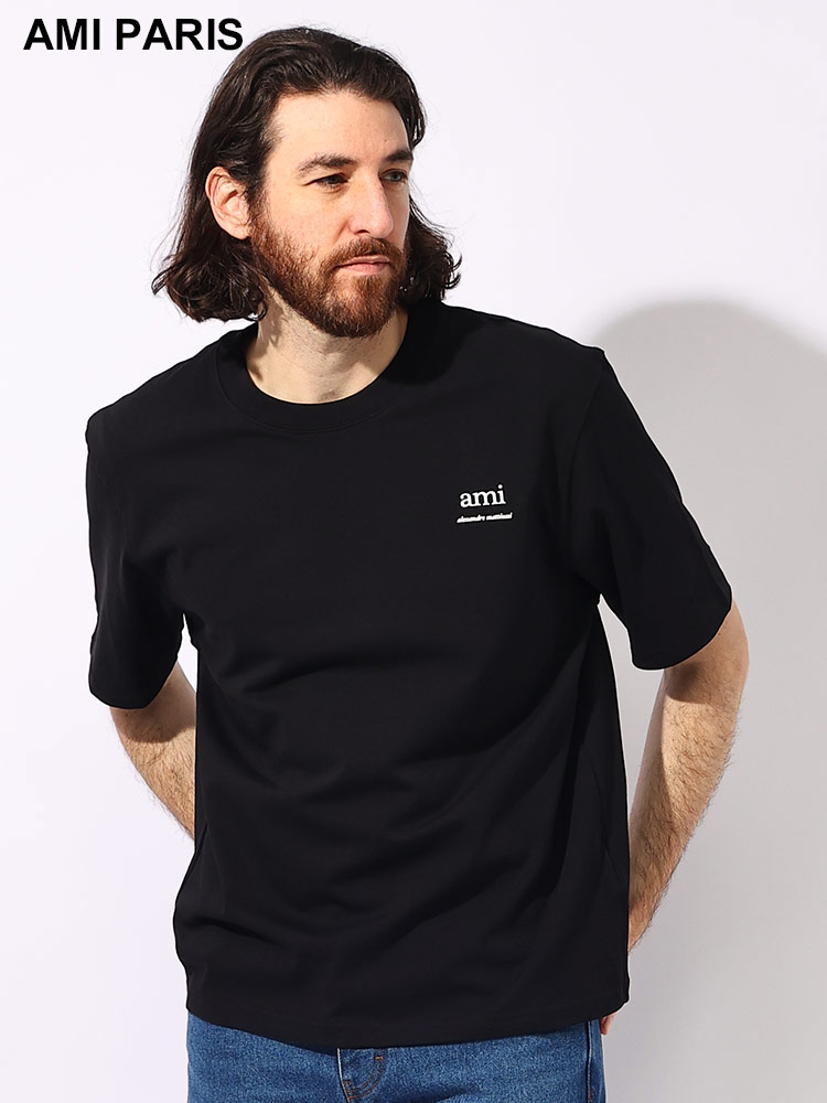 AMI PARIS (アミパリス) オーガニックコットン ワンポイント 背面ロゴ刺繍 クルーネック 半袖 Tシャツ