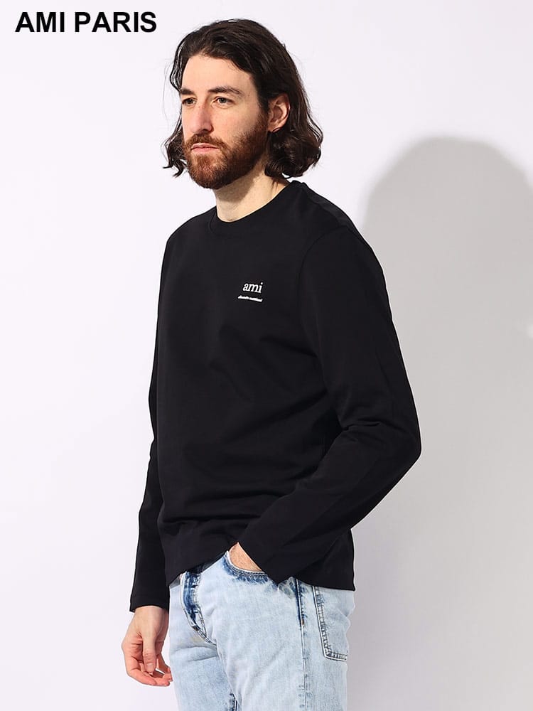 AMI PARIS (アミパリス) オーガニックコットン ワンポイント 背面ロゴ刺繍 クルーネック 長袖 Tシャツ