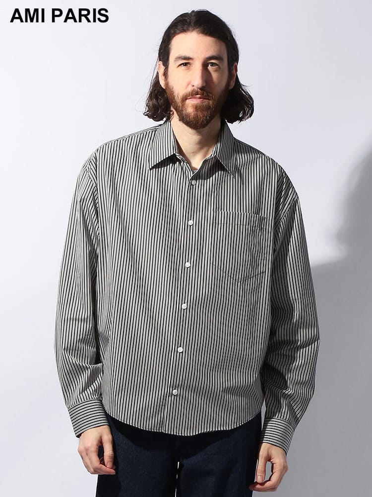 AMI PARIS (アミパリス ) ワンポイントバックロゴ ストライプ柄 レギュラーカラー 長袖 シャツ