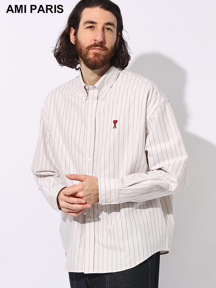 AMI PARIS (アミパリス) コットン100％ ロゴ刺繍 ストライプ柄 ボタンダウン 長袖 シャツ