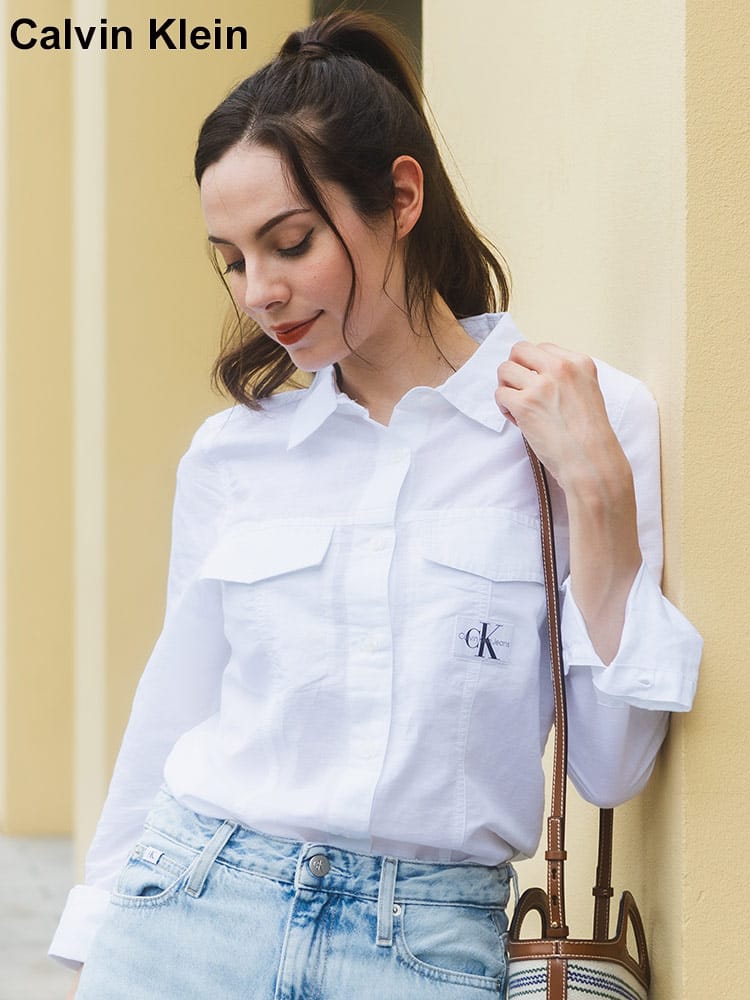 Calvin Klein (カルバンクライン) リネンコットン フロント2つボタン レギュラーカラー 長袖 シャツ CKLJ20J223128 レディース