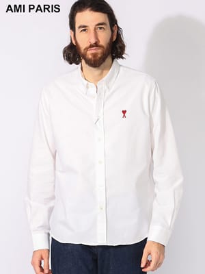 AMI PARIS (アミパリス ) コットン100％ ロゴ刺繍 ボタンダウン 長袖 シャツ AMBFUSH063CO031 メンズ