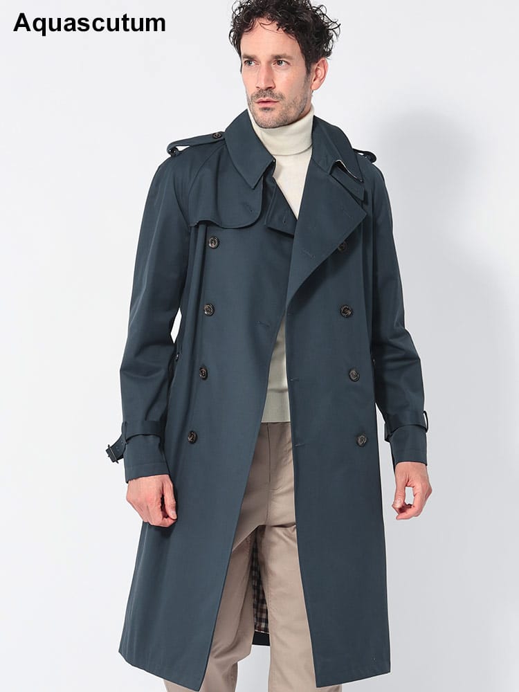 Aquascutum (アクアスキュータム) 総裏チェック ウエストベルト ダブル トレンチコート AQTRENCHL55 メンズ