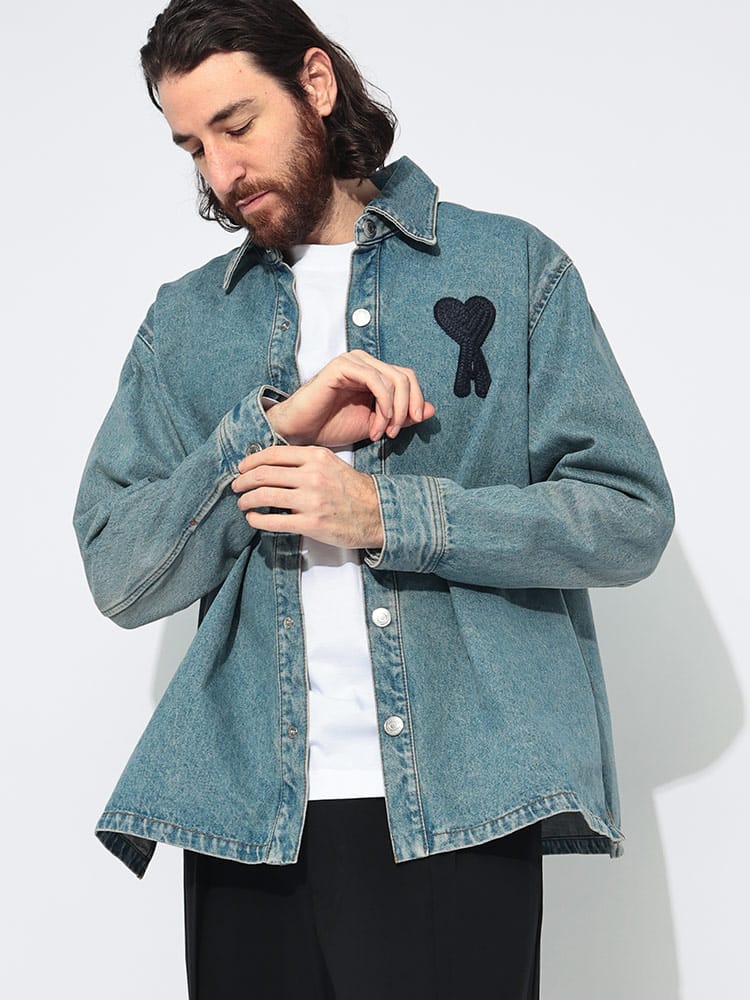 AMI PARIS (アミパリス) 胸ロゴ フルボタン デニム オーバーシャツ AMHJK275DE0046 メンズ