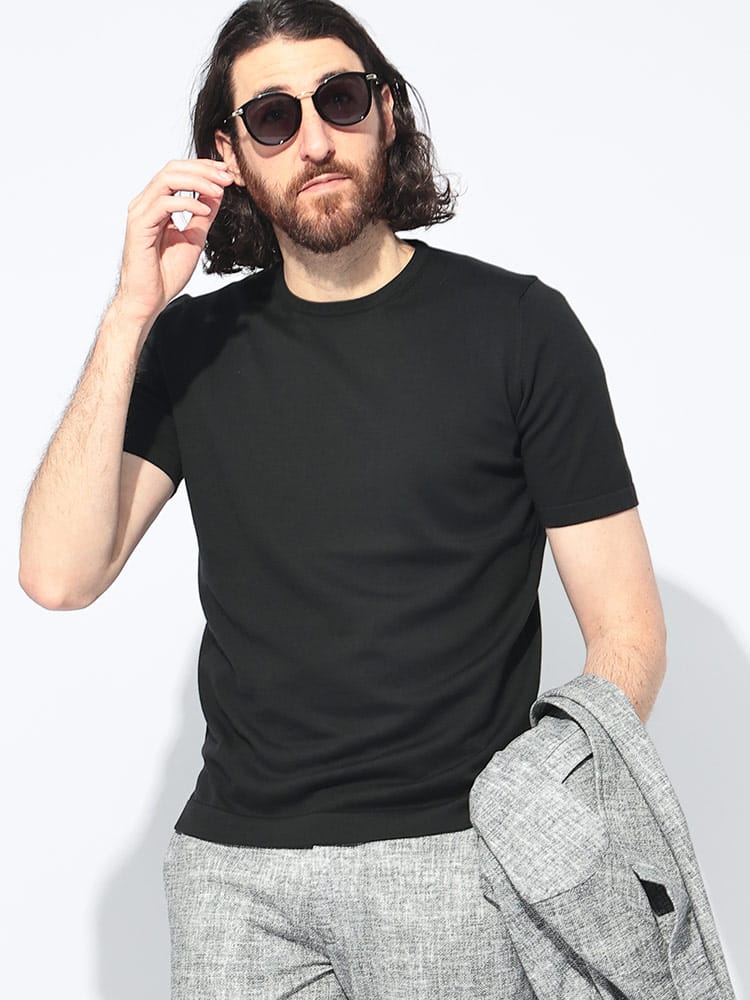 GRANSASSO (グランサッソ) 無地 クルーネック 半袖 ニット Tシャツ 