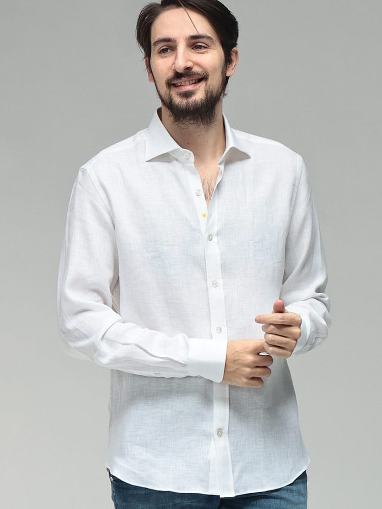 GIANNETTO (ジャンネット) メンズ シャツ 長袖 リネン100％ 無地 ワンポイント ホリゾンタルカラー 麻 シャツ GT1240L61855