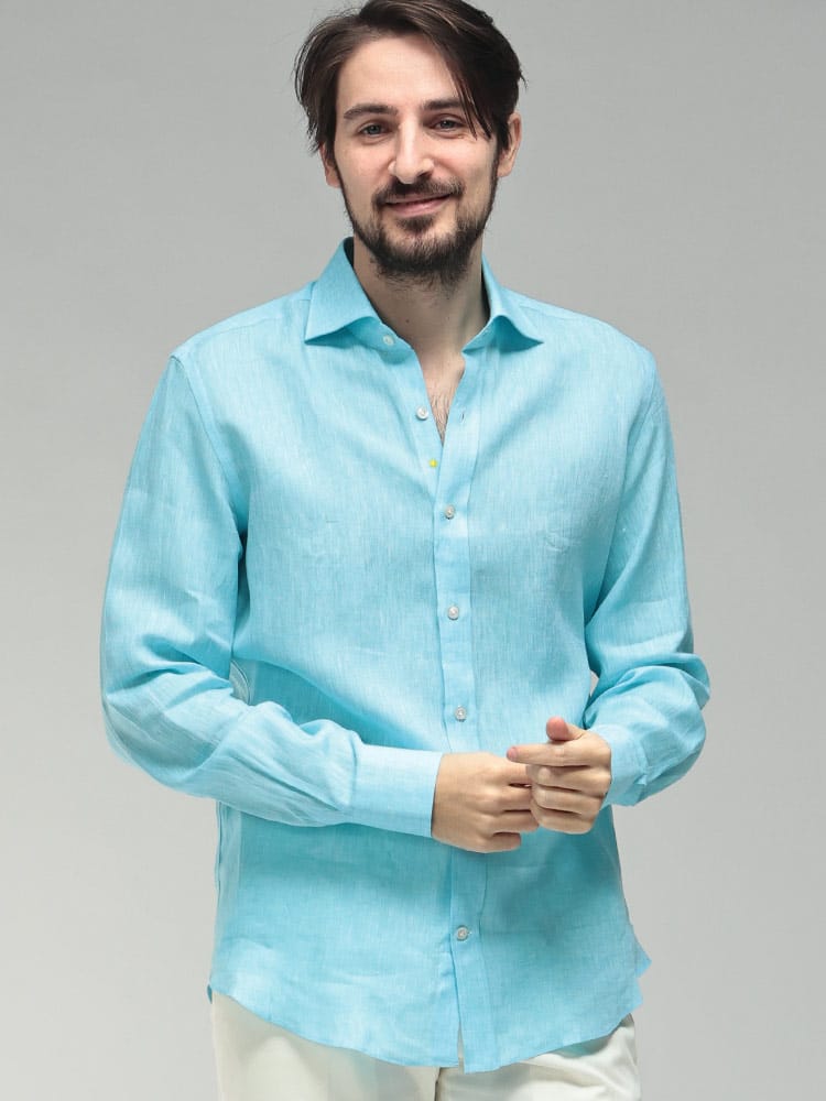 GIANNETTO (ジャンネット) メンズ シャツ 長袖 リネン100％ 無地 ワンポイント ホリゾンタルカラー 麻 シャツ GT1240L61840