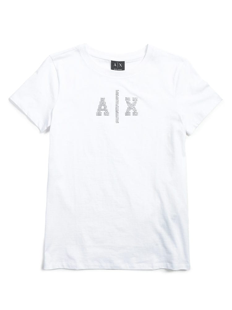 ARMANI EXCHANGE (アルマーニ エクスチェンジ) レディース Tシャツ 半袖 ロゴ ラインストーン クルーネック Tシャツ AELXW234810356