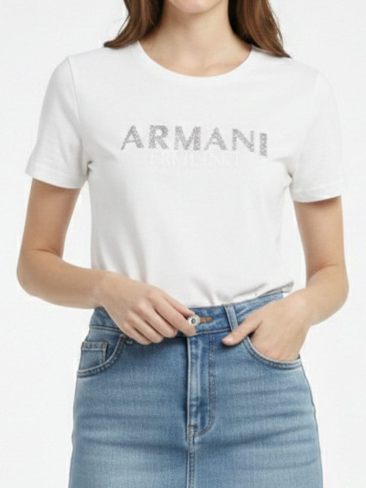 ARMANI EXCHANGE (アルマーニ エクスチェンジ) レディース Tシャツ 半袖 ロゴ ラインストーン クルーネック Tシャツ AELXW2106