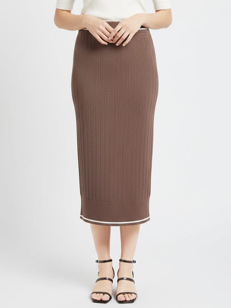 ARMANI EXCHANGE (アルマーニ エクスチェンジ) レディース スカート ロゴ 刺繍 サマーニット ライン柄 タイト リブニットスカート ELXW2245AF1352