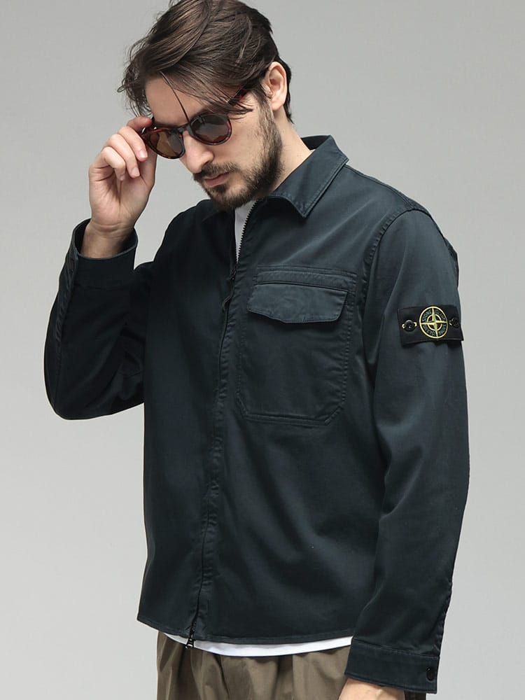 STONE ISLAND (ストーンアイランド) メンズ シャツジャケット 袖ロゴ ストレッチコットン フルジップ シャツ ジャケット SI1200015S0012