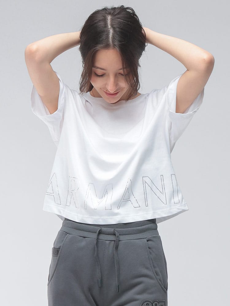 ARMANI EXCHANGE  (アルマーニ エクスチェンジ) レディース Tシャツ 半袖 ロゴ ラインストーン クロップド丈 カットソー AELXW170917172