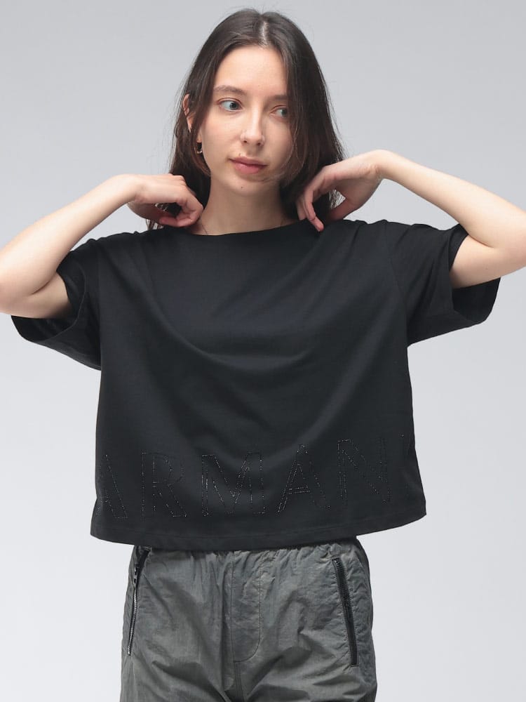 ARMANI EXCHANGE  (アルマーニ エクスチェンジ) レディース Tシャツ 半袖 ロゴ ラインストーン クロップド丈 カットソー AELXW170917172