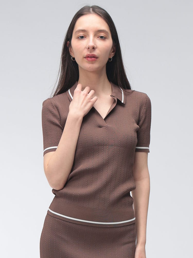 ARMANI EXCHANGE  (アルマーニ エクスチェンジ) レディース ポロシャツ 半袖 ロゴ ライン リブ オープンカラー サマーニット AELXW1897AF1352