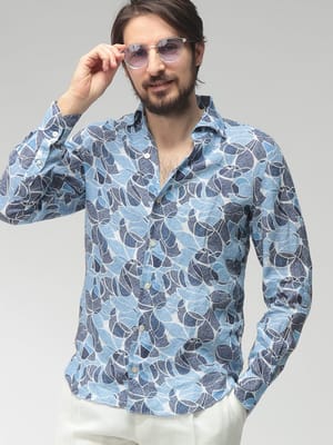 Finamore (フィナモレ) メンズ シャツ 長袖 麻100％ リーフ柄 イタリアカラー FISEUL280114