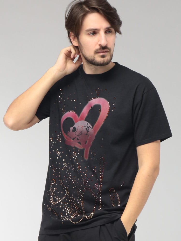 Gabriele Pasini (ガブリエレ パジーニ) メンズ Tシャツ 半袖 スワロフスキー ハートスカル クルーネック カットソー GP620669318