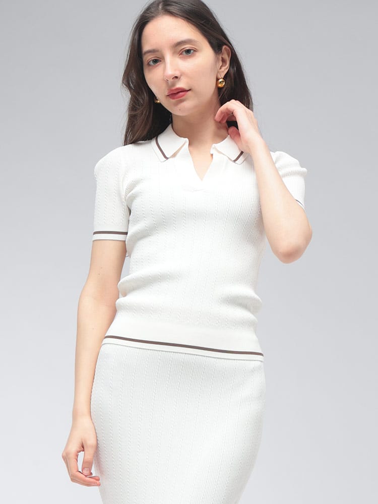 ARMANI EXCHANGE (アルマーニ エクスチェンジ) レディース ニットポロシャツ 半袖 ラインアクセント Vネック ショート丈 タイト ニットポロ AELXW1897AF1352