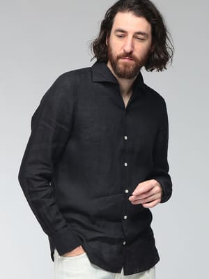 Finamore (フィナモレ) メンズ シャツ 長袖 リネン 麻 カジュアルシャツ  無地 フライボタンダウン FISEULC0650