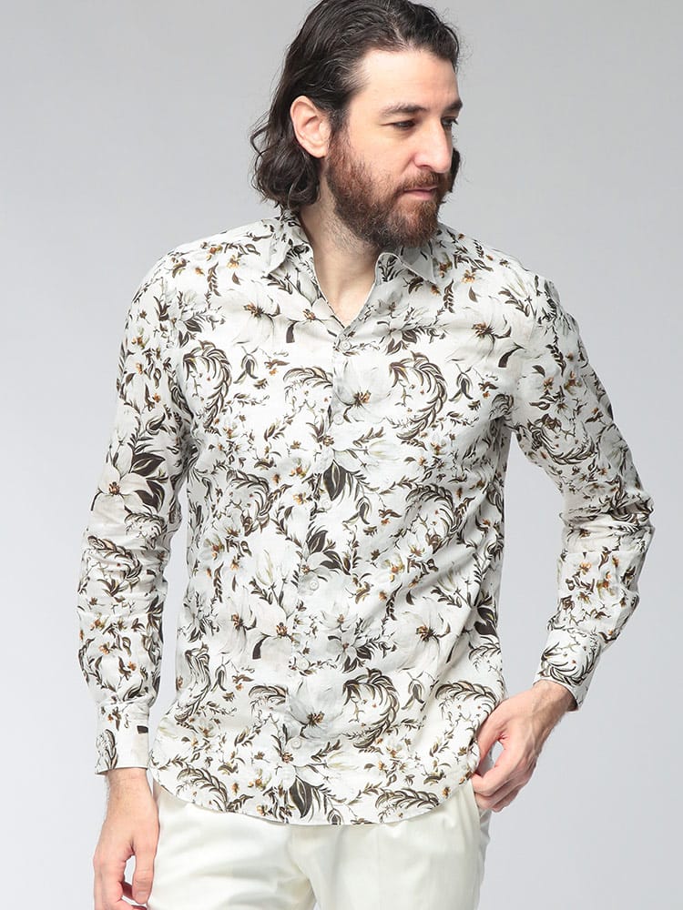 Finamore (フィナモレ) メンズ シャツ 長袖 リネン混 コットン ドレスシャツ 花柄 フライボタンダウン FISEULM0535