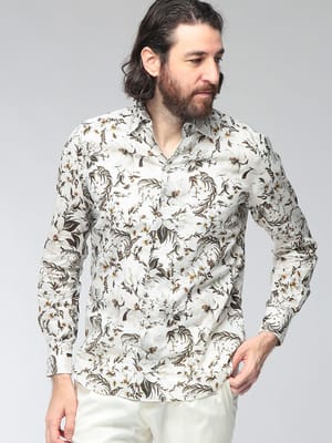 Finamore (フィナモレ) メンズ シャツ 長袖 リネン混 コットン ドレスシャツ 花柄 フライボタンダウン FISEULM0535