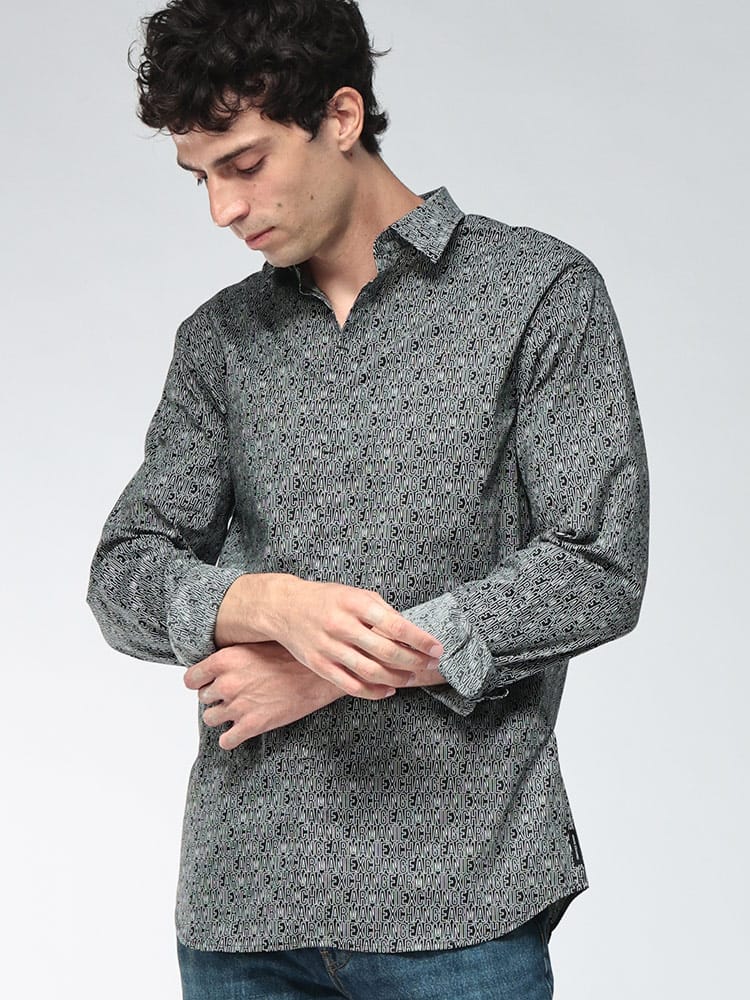 ARMANI EXCHANGE (アルマーニ エクスチェンジ) メンズ シャツ 長袖 モノグラム 総ロゴ レギュラーカラー シャツ AEXM625AF13184