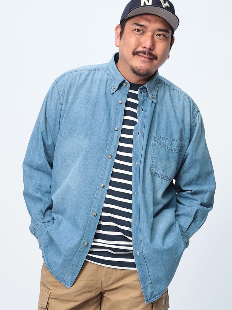 長袖 デニムシャツ 6.5オンス ボタンダウン トップス 無地 ポケット 大きいサイズ メンズ